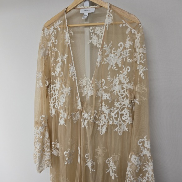 Forever 21 Plus Size 3X Tan Sheer Lace Maxi Kimono Cardigan Robe Duster - Picture 2 of 6